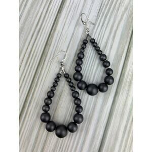 Black Pearl Bead Teardrop Dangle Drop Earrings Charcoal Grey Gray Staninless
